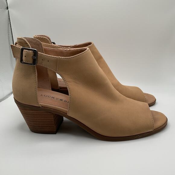 Lucky Brand Sandals Womens 7M Tan Brown Leather Open Toe Slingback Block Heel - Picture 2 of 11